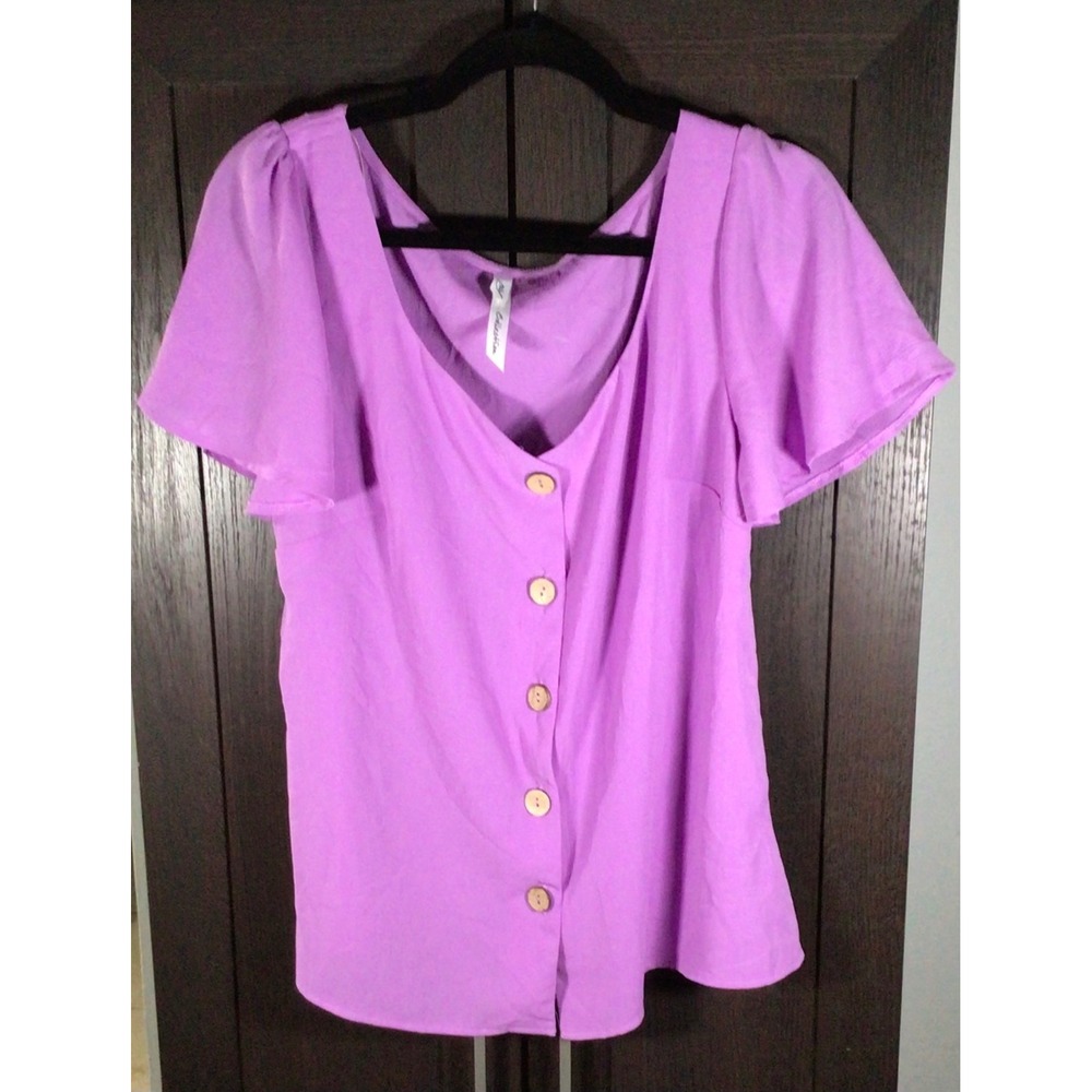 NY Collection Womens Purple Button Front Square Neck Flutter Sleeve Blouse Large
